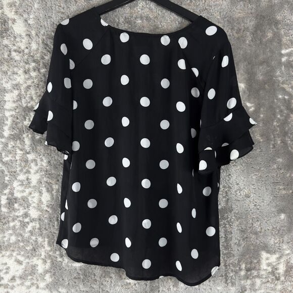 Worthington Sz M Black Polka Dot Flutter Sleeve Blouse Lightweight Semi-Sheer - Picture 5 of 10